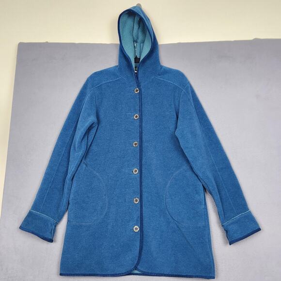 LL Bean Jacket Womens Medium Blue Hooded Button Front Fleece Coat Made USA - Picture 1 of 12